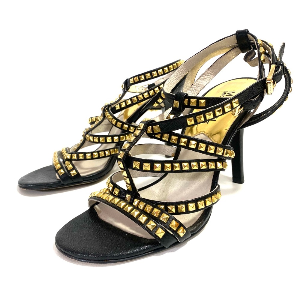 Michael Kors Studded Ankle Strap Womens Heels Size 5.5 M Black Gold Open Toe